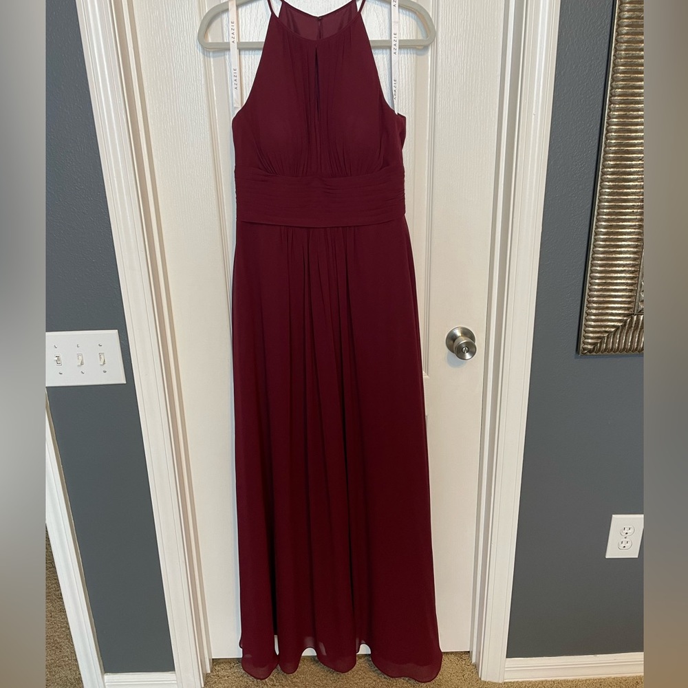 Azazie Bonnie a line ruched chiffon floor length dress Cabernet